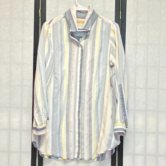 Café Marrakesh Stripe Tunic Shirt M Relaxed Roll Sleeve Button-Up Collared Top - Picture 5 of 12